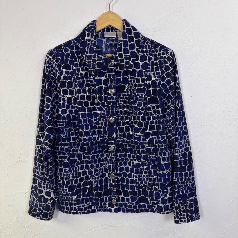 Zenergy by Chico's Womens Animal Print Button Up Jacket Shirt 1 Blue Metallic